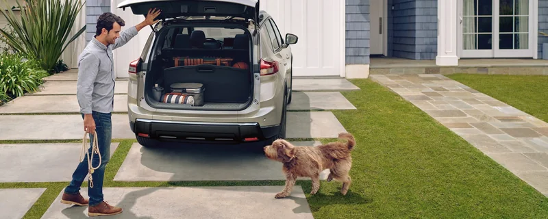 Rogue with liftgate open while a person loads bags, with a dog nearby