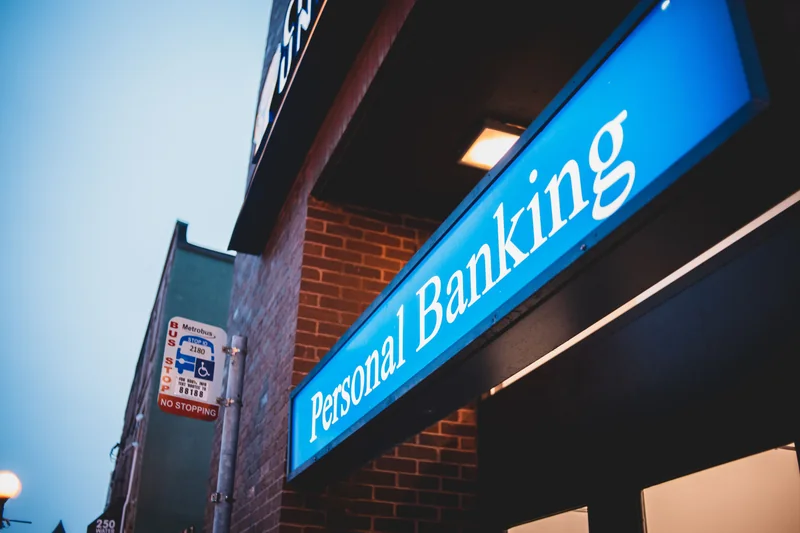 A Personal Banking sign outside a bank