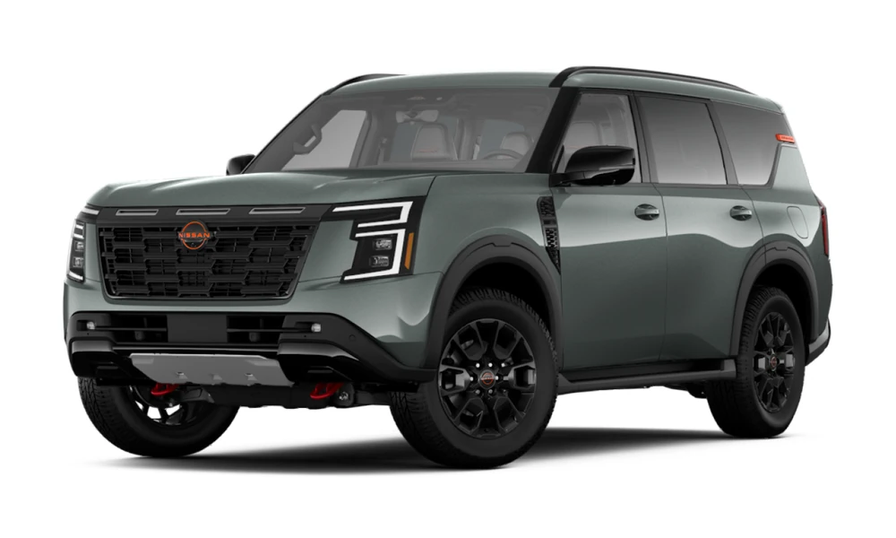 2026 Nissan Armada in Alpine Metallic, full vehicle front three-quarter view facing left
