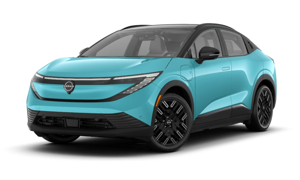 2026 Nissan LEAF in Seabreeze Blue Pearl / Super Black Two-tone, full vehicle front three-quarter view facing left