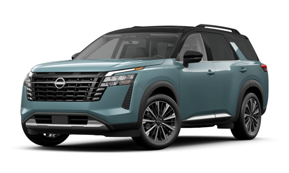 2026 Nissan Pathfinder in Baltic Teal Pearl / Super Black Two-tone, full vehicle front three-quarter view facing left