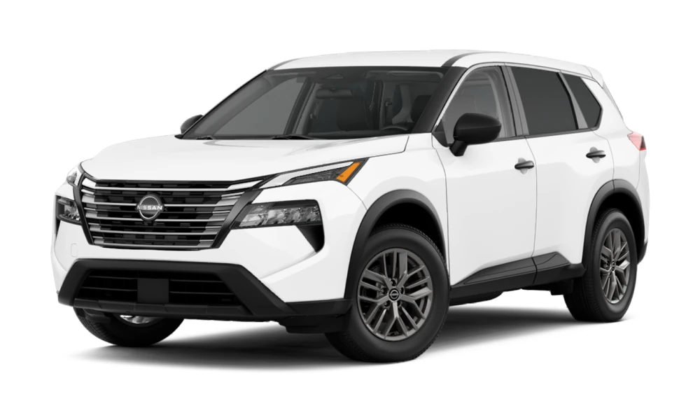 2026 Nissan Rogue in white, full vehicle front three-quarter view facing left