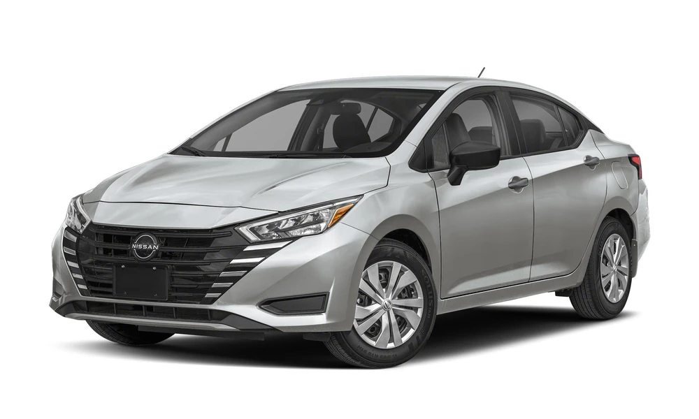 2025 Nissan Versa in silver, full vehicle front three-quarter view facing left