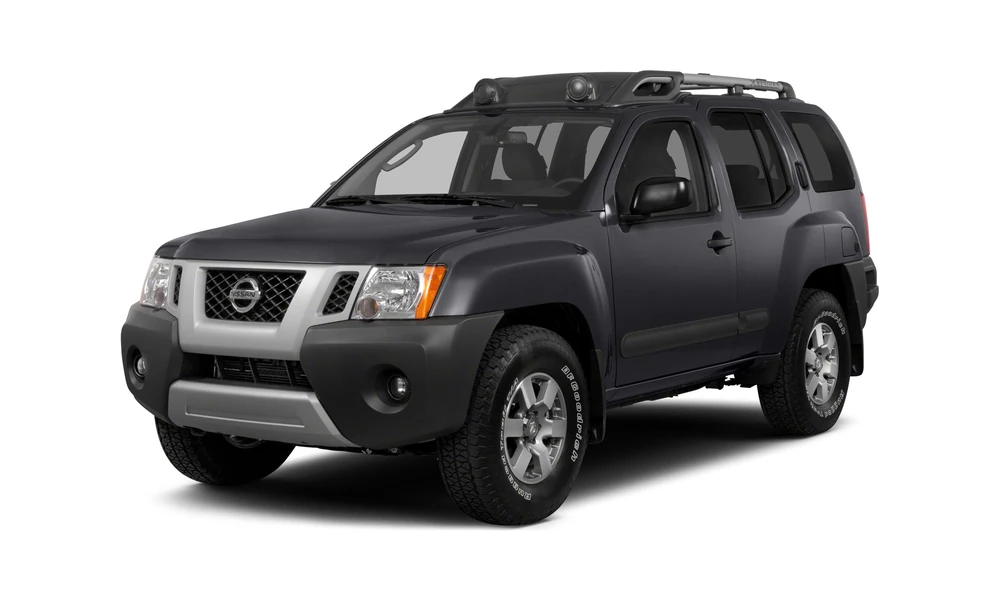 2015 Nissan Xterra in dark gray, historical model shown in a full front three-quarter view facing left