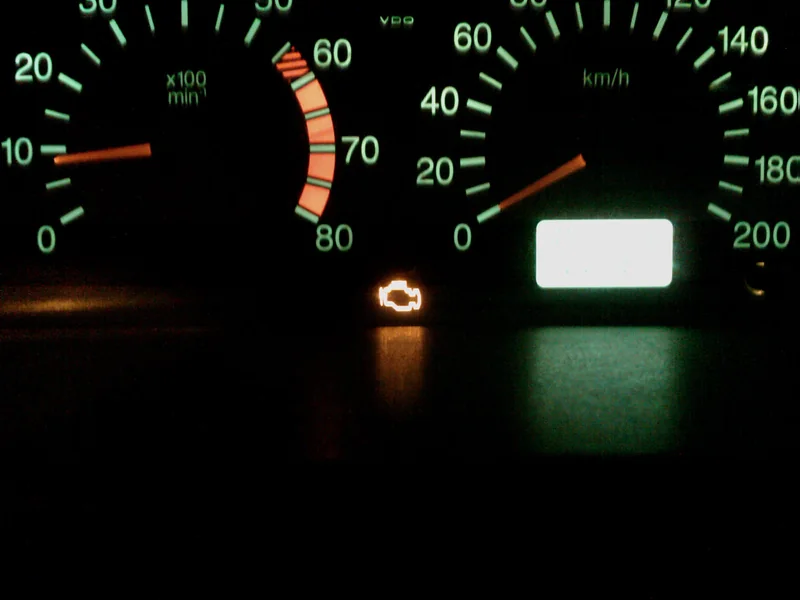 Illuminated check-engine warning light on a dashboard