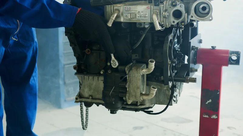 Gloved hands working on a removed car engine