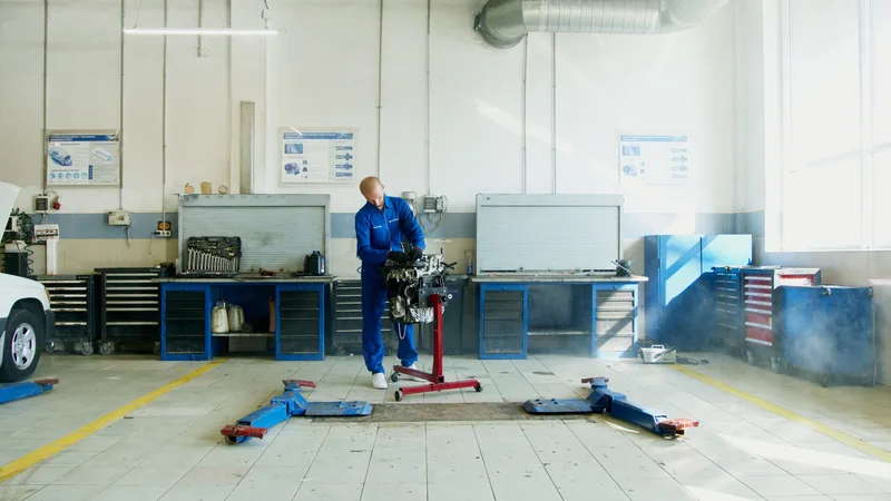 Mechanic working with a removed engine in a repair workshop